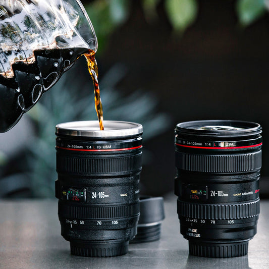 Camera Lens Shaped Coffee Mug Flask With Lid